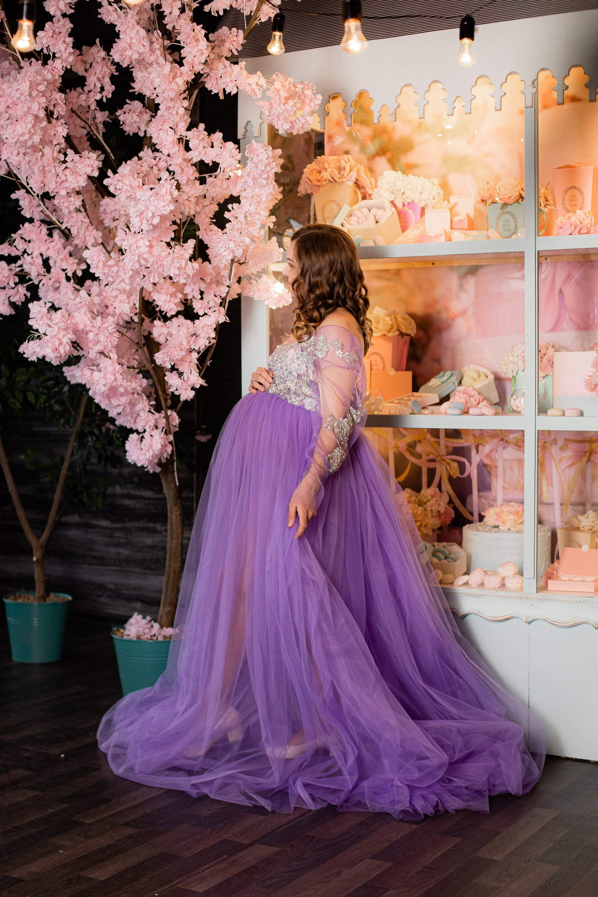 lavender maternity gown pregnancy dress maternity photoshoot dress purple sheer gown off shoulder dress maternity photoprops dress matchinglook 951685